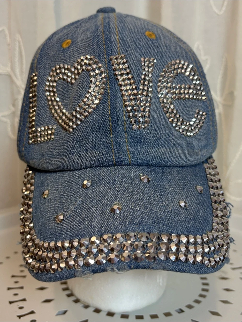 David and Young Distressed Denim and rhinestone stud Baseball Cap